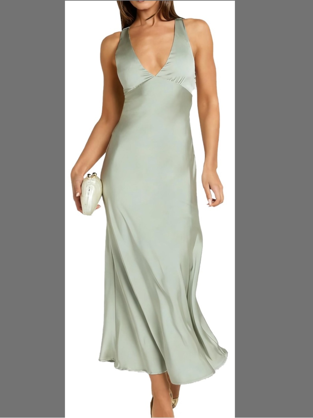 Satin V-Neck Maxi Dress in Sage Green